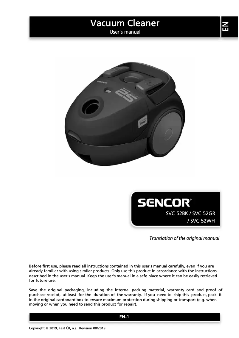 Page 1 de la notice Manuel utilisateur Sencor SVC 52BK