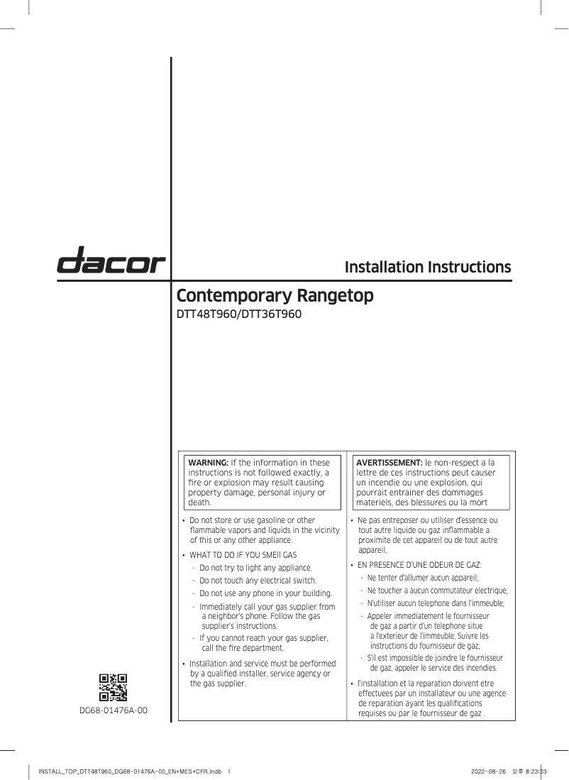 Page 1 de la notice Guide d'installation Dacor DTT36T960GS
