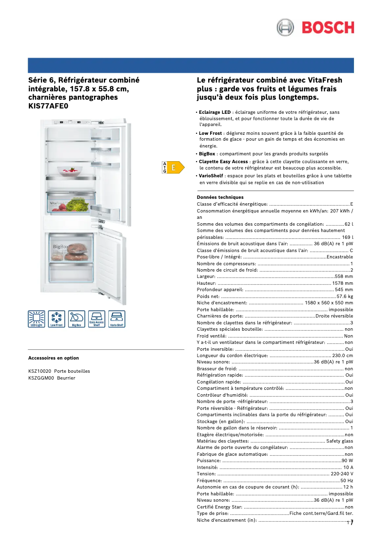 Página 1 del manual Ficha técnica Bosch KIS77AFE0