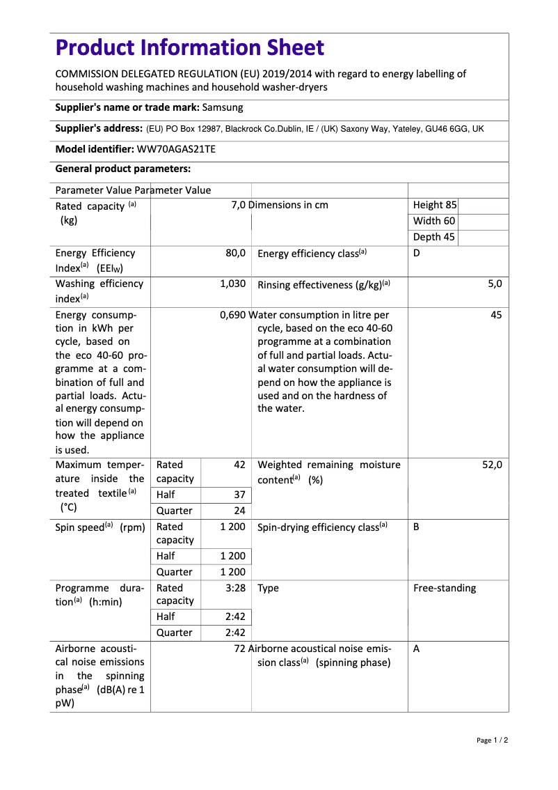 Page 1 de la notice Manuel utilisateur Samsung WW70AGAS21TE