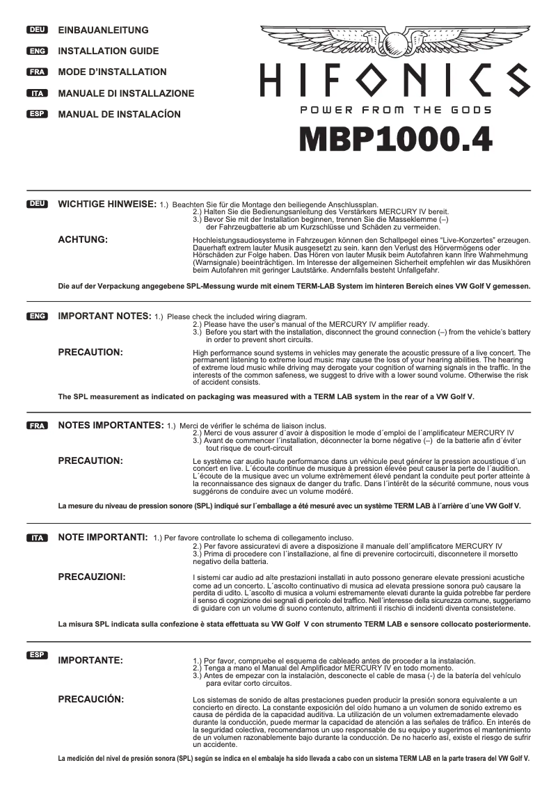 Page 1 de la notice Manuel utilisateur Hifonics MBP1000.4