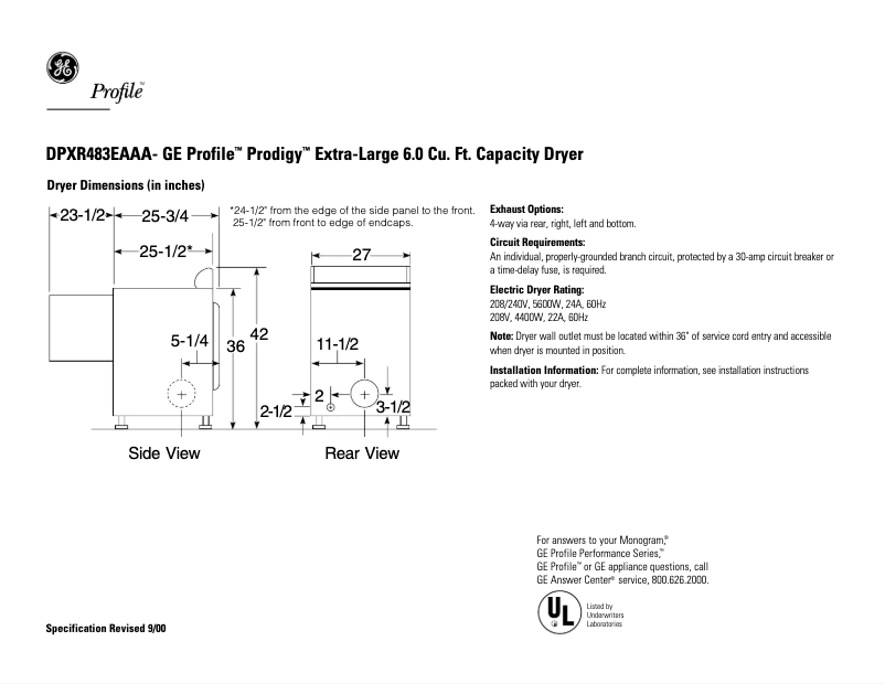 Page 1 de la notice Fiche technique GE Profile DPXR483EAAA