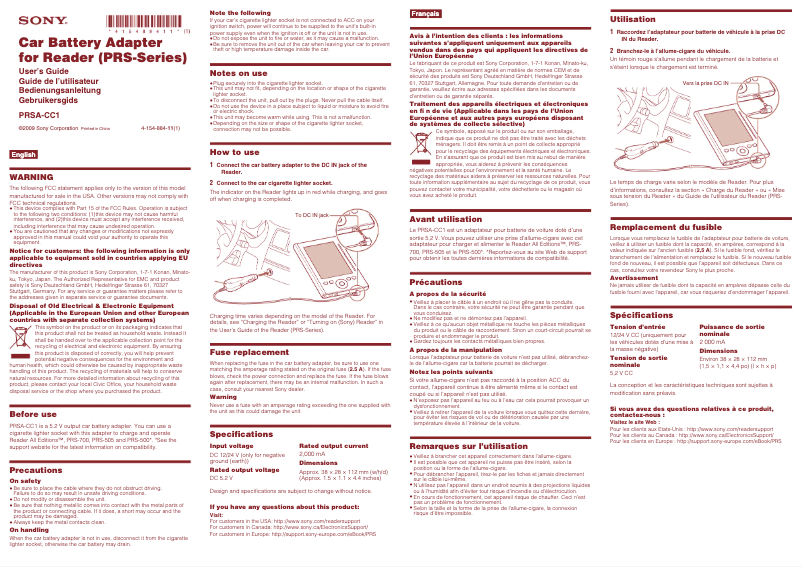 Image de la première page du manuel de l'appareil PRSA-CC1