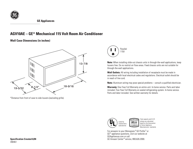 Page n°1 - Fiche technique GE AGV10AE