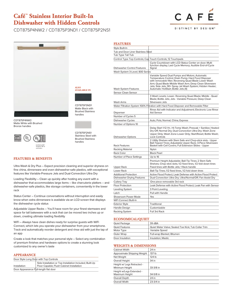Page 1 of the manual Technical Sheet GE Café CDT875P3ND1