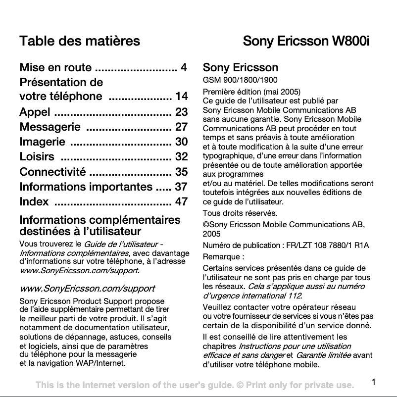 Page n°1 - Manuel utilisateur Sony Ericsson W800i