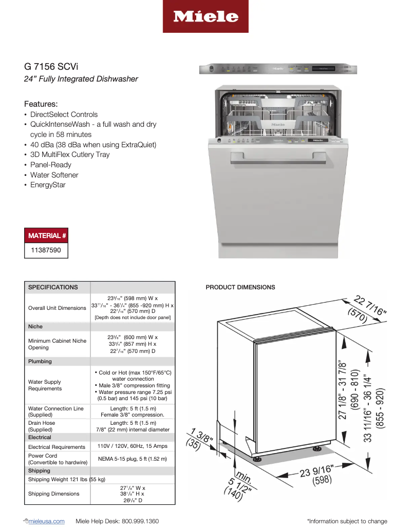 Page 1 de la notice Fiche technique Miele G 7156 SCVi SF
