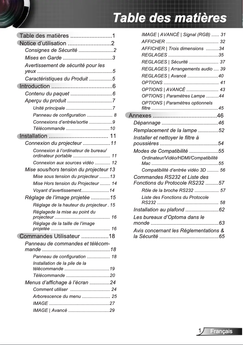 Page n°1 - Manuel utilisateur Optoma DW309