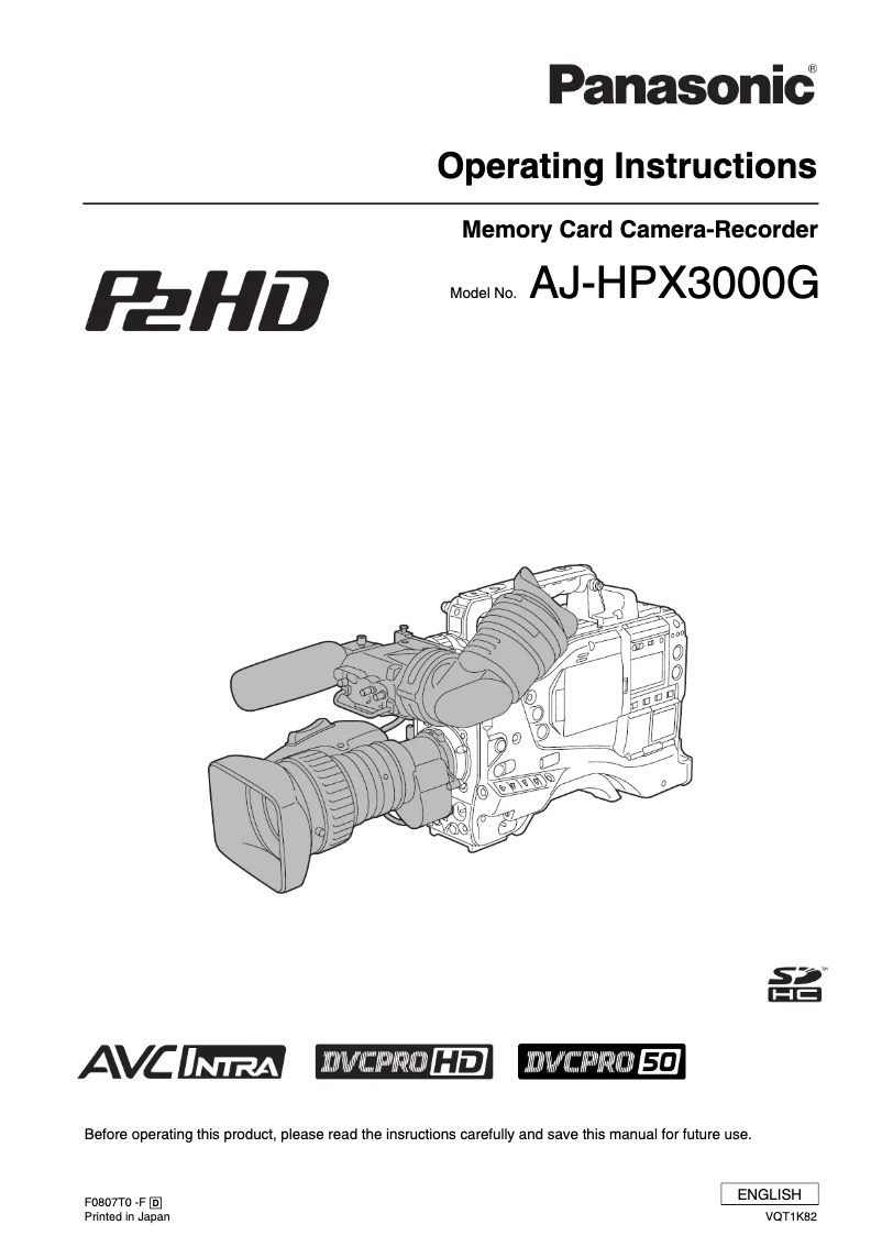 Page 1 de la notice Manuel utilisateur Panasonic AJ-HPX3000G