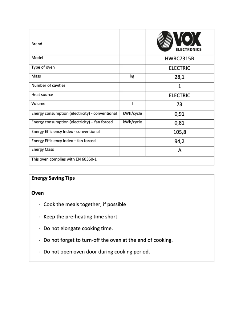 Page 1 de la notice Fiche technique VOX HWRC7315B