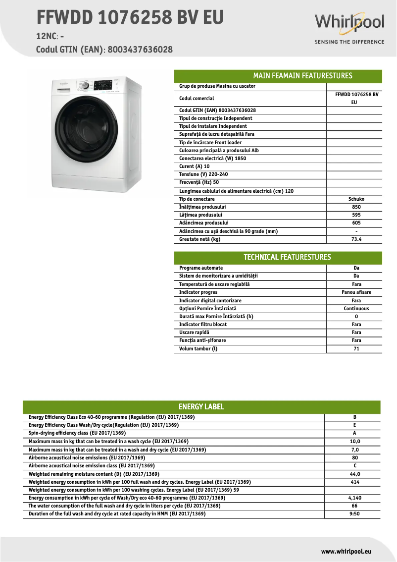 Página 1 del manual Ficha técnica Whirlpool FFWDD 1076258 BV EU