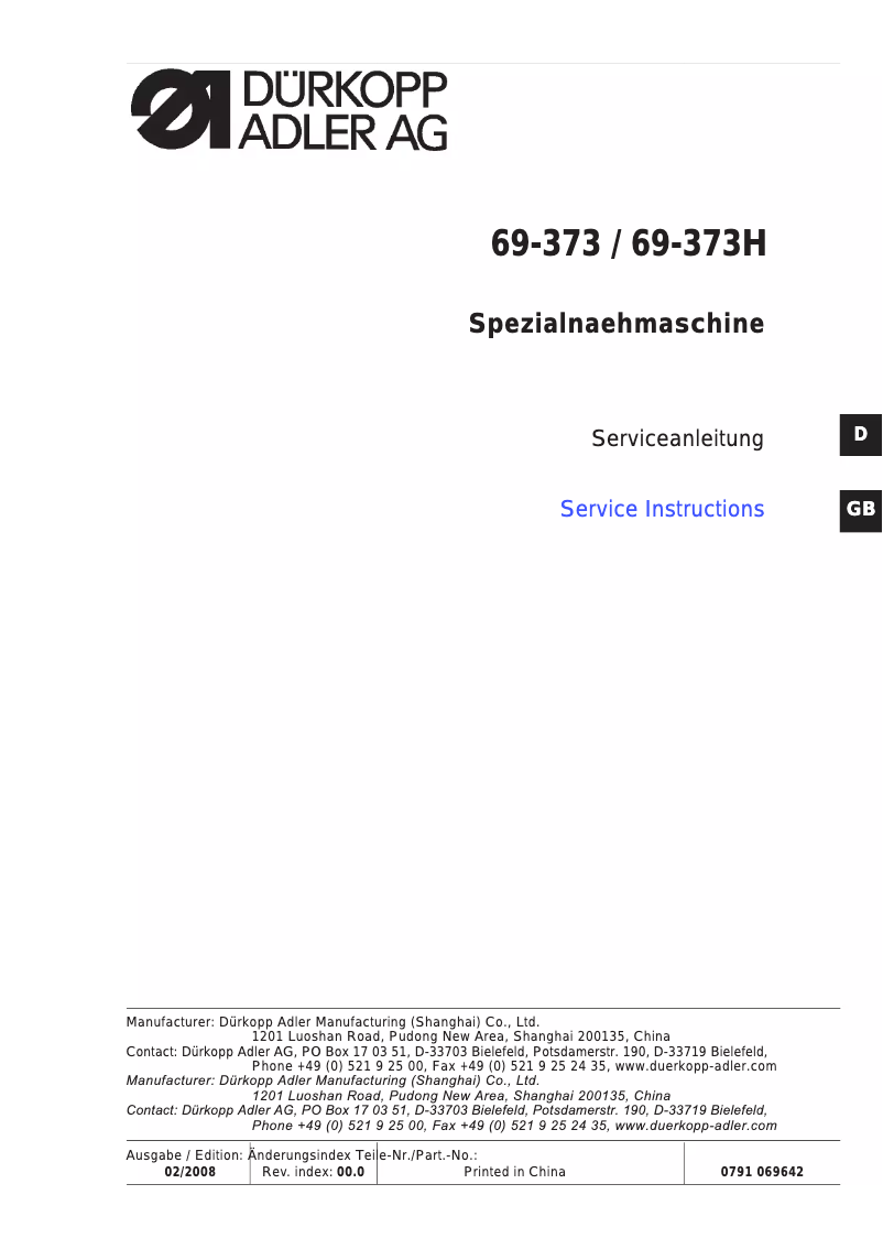 Page n°1 - Manuel utilisateur Dürkopp Adler 69-373H