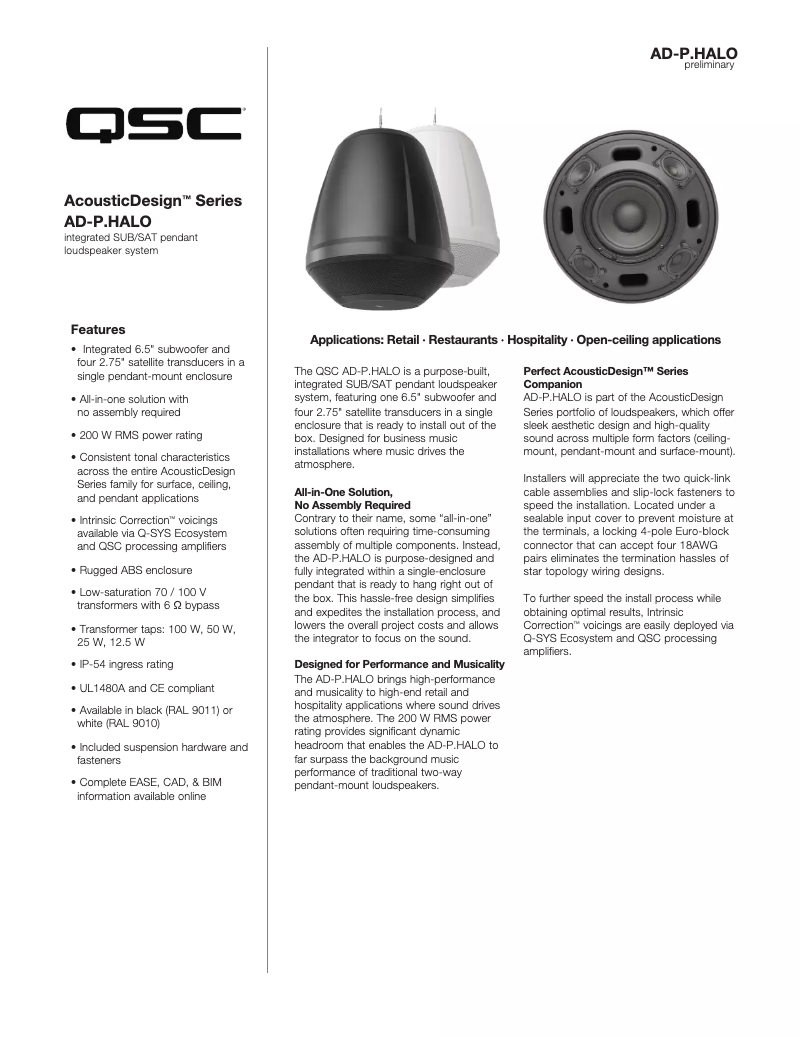 Page 1 de la notice Fiche technique QSC AD-P.HALO