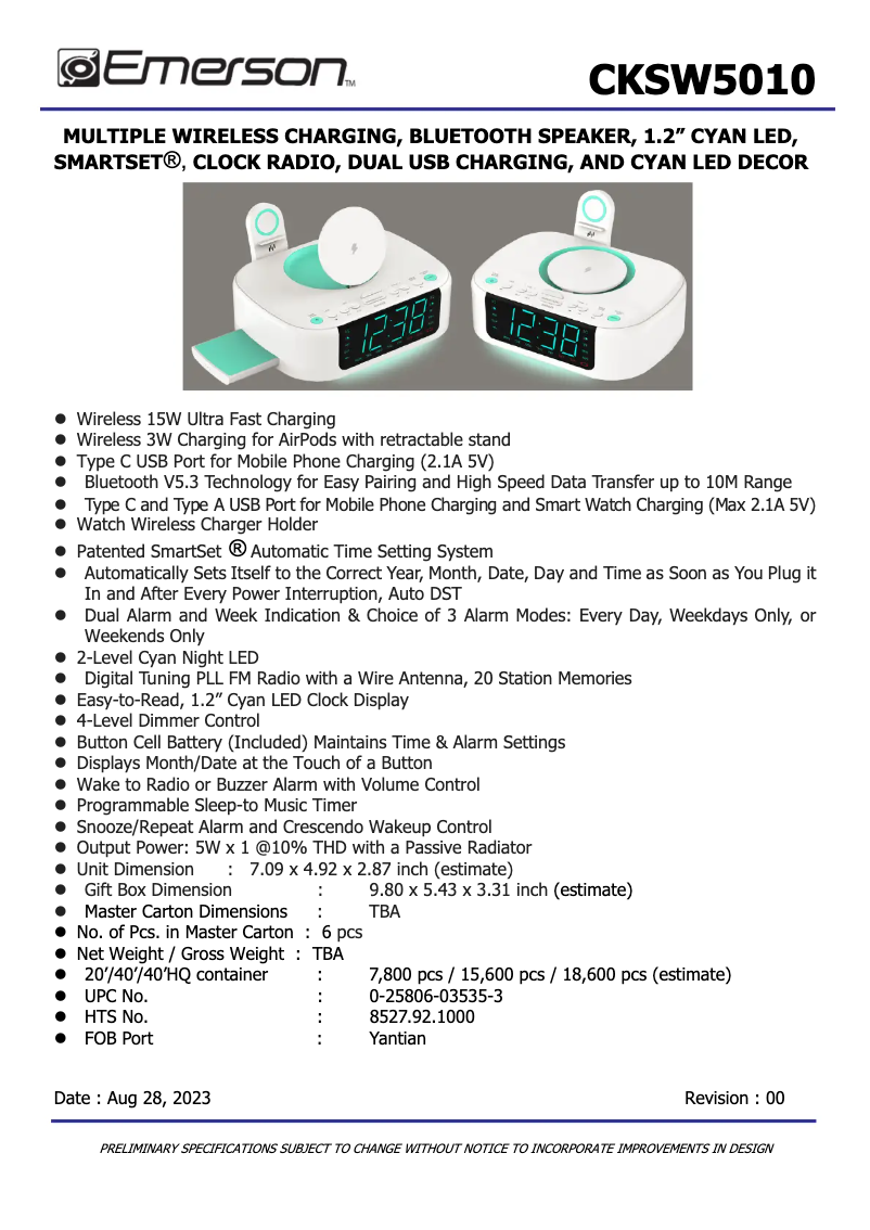 Page 1 de la notice Fiche technique Emerson SmartSet CKSW5010