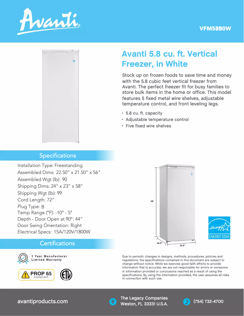 Page 1 de la notice Fiche technique Avanti VFM58B0W