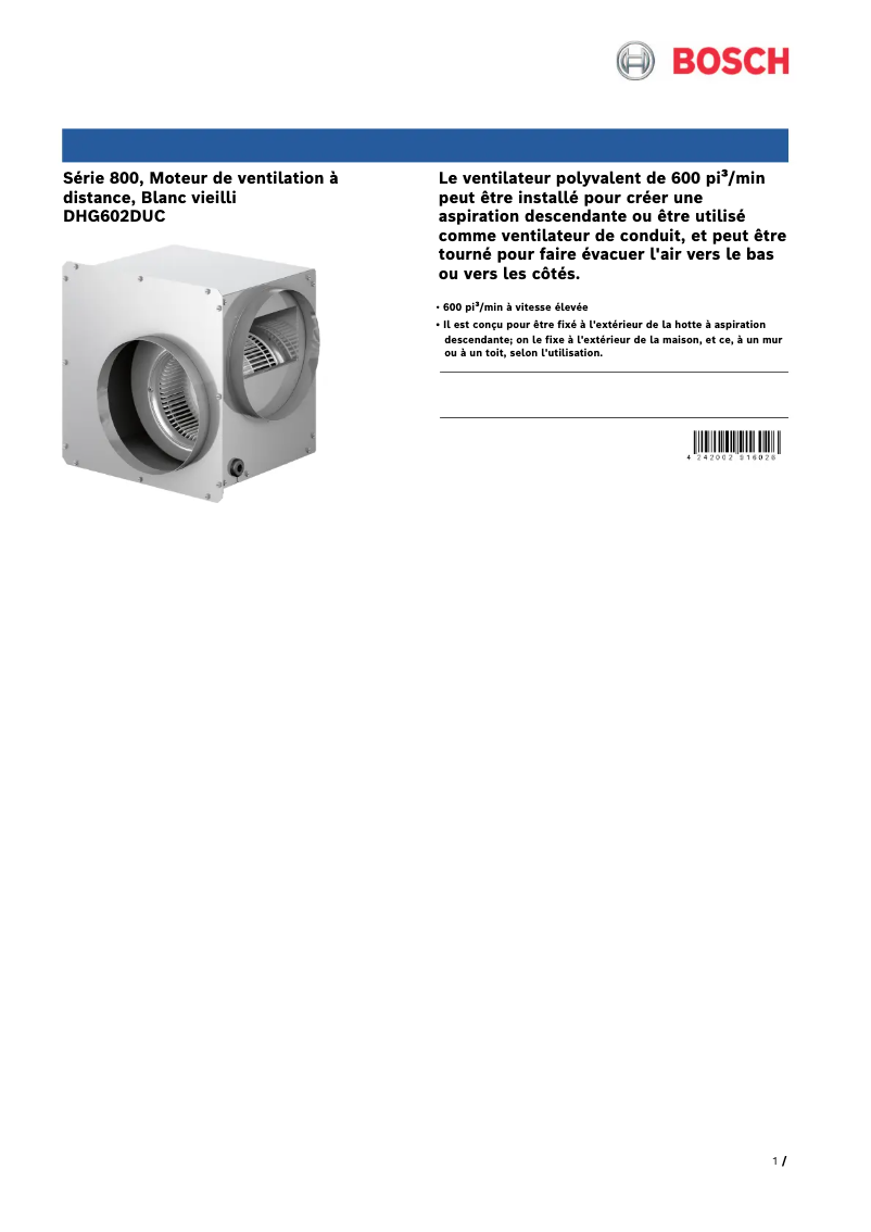 Page 1 de la notice Fiche technique Bosch DHG602DUC
