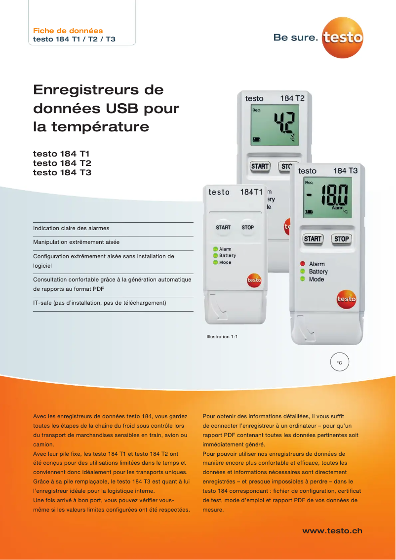 Page 1 de la notice Fiche technique Testo 184 T2