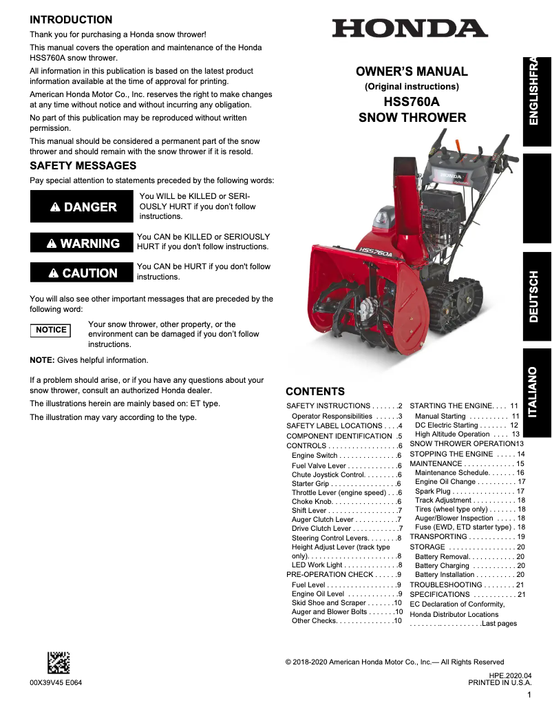 Page 1 de la notice Manuel utilisateur Honda HSS 760A T