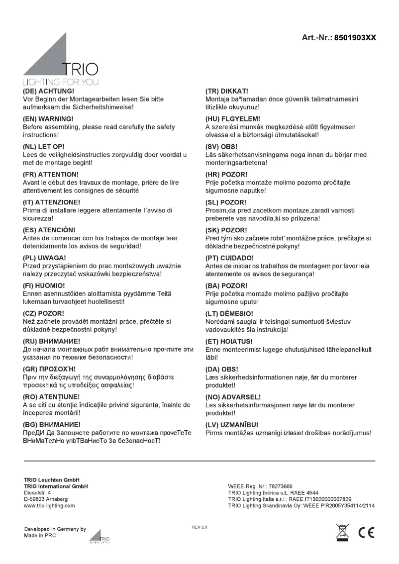 Page 1 de la notice Manuel utilisateur Trio Lighting Sancho 850190332