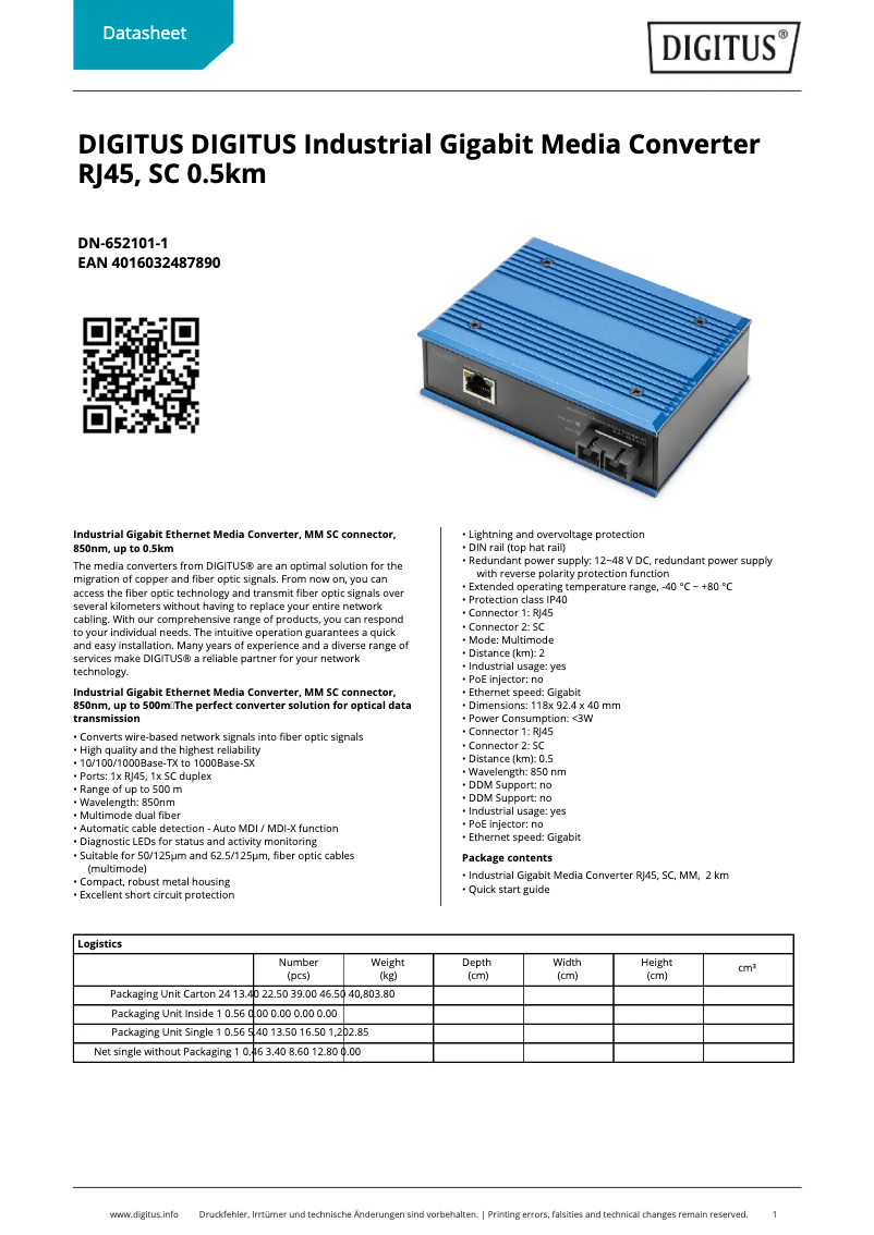 Page n°1 - Fiche technique Digitus DN-652101-1