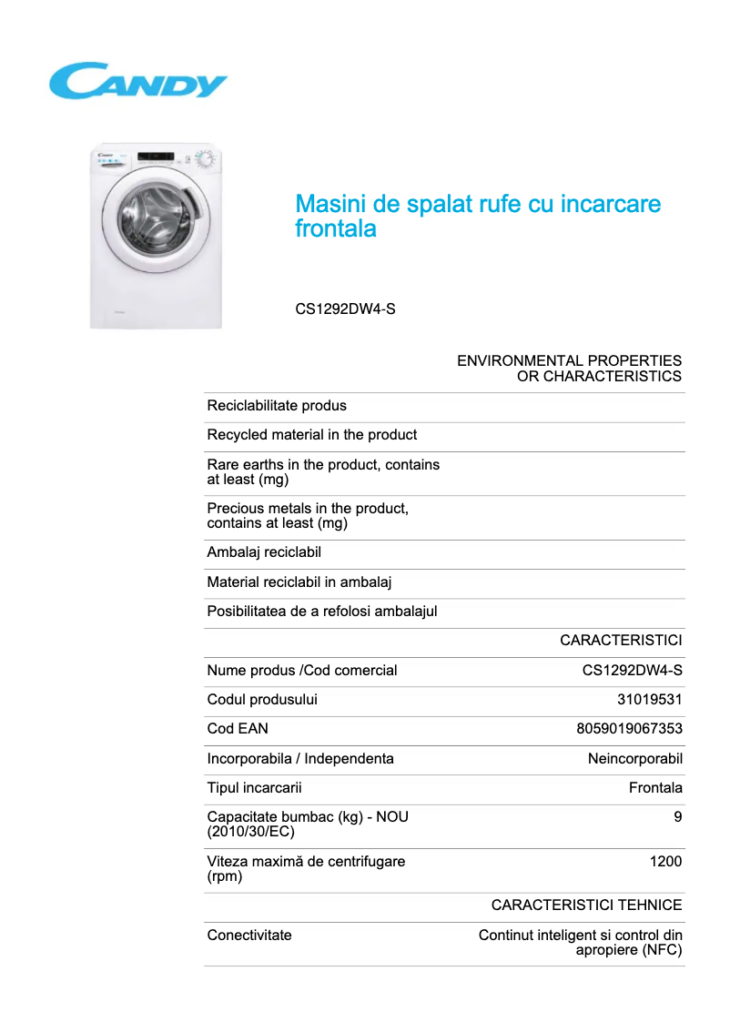 Page 1 de la notice Fiche technique Candy CS1292DW4-S