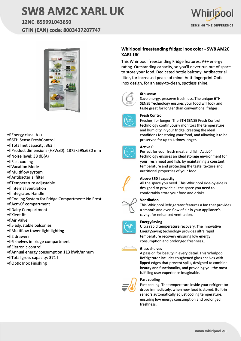 Page n°1 - Fiche technique Whirlpool SW8 AM2C XAR