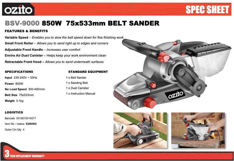 Page 1 de la notice Fiche technique Ozito BSV-9000