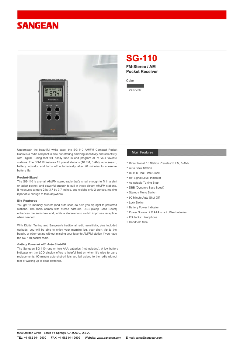 Page 1 de la notice Fiche technique Sangean SG-110