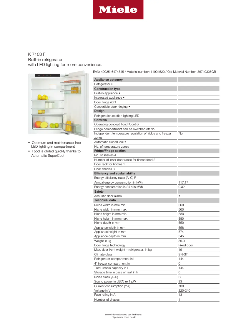 Page 1 de la notice Fiche technique Miele K 7103 F Selection