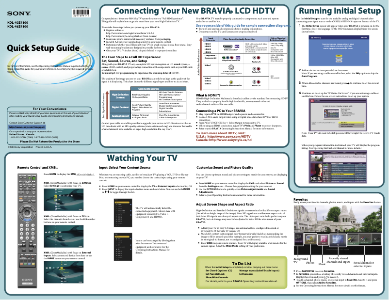 Page 1 de la notice Guide d'installation Sony Bravia KDL-46Z4100