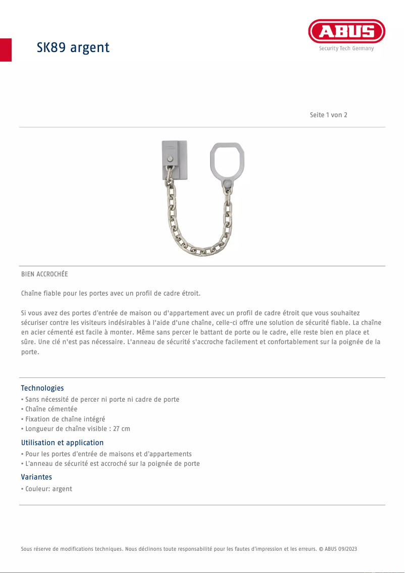 Página 1 del manual Ficha técnica Abus SK89