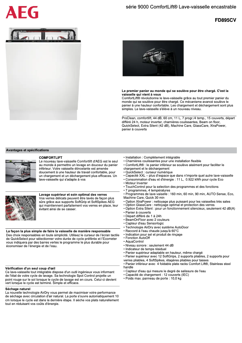 Page 1 de la notice Fiche technique AEG FD895CV