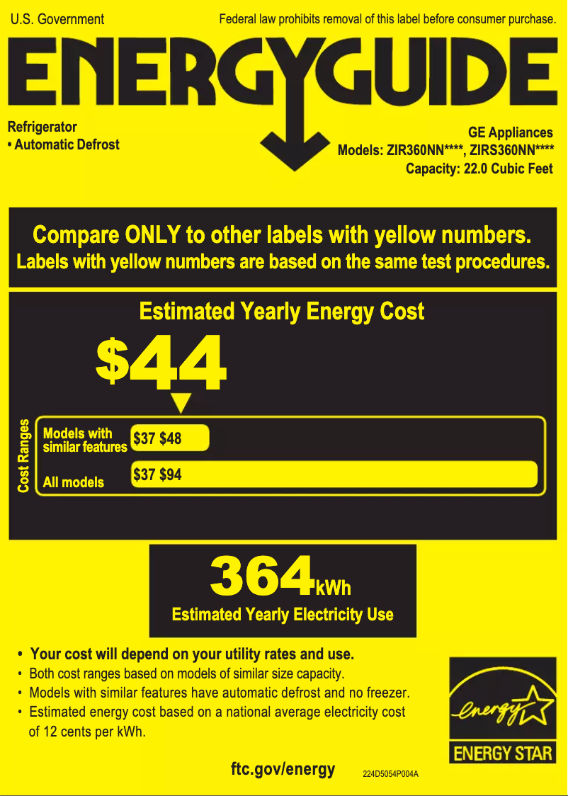 Page 1 de la notice Label énergétique Monogram ZIR360NNRH