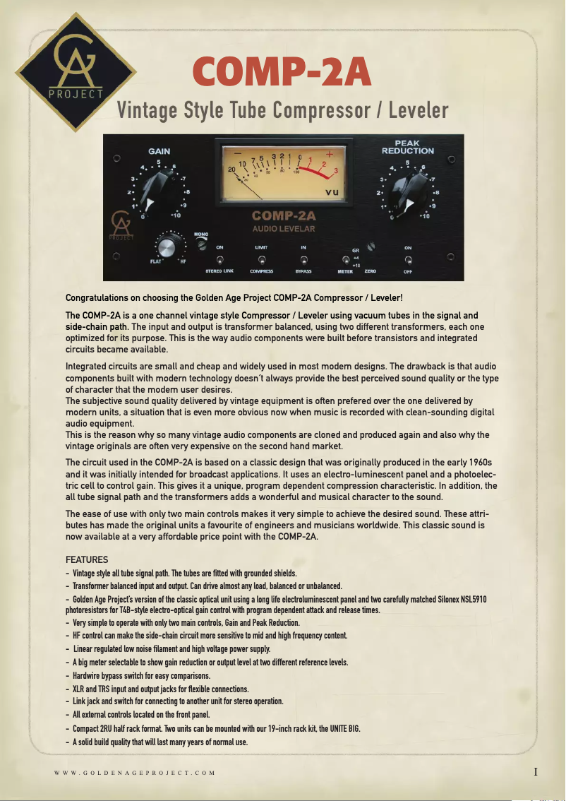 Page n°1 - Manuel utilisateur Golden Age Project Comp-2A