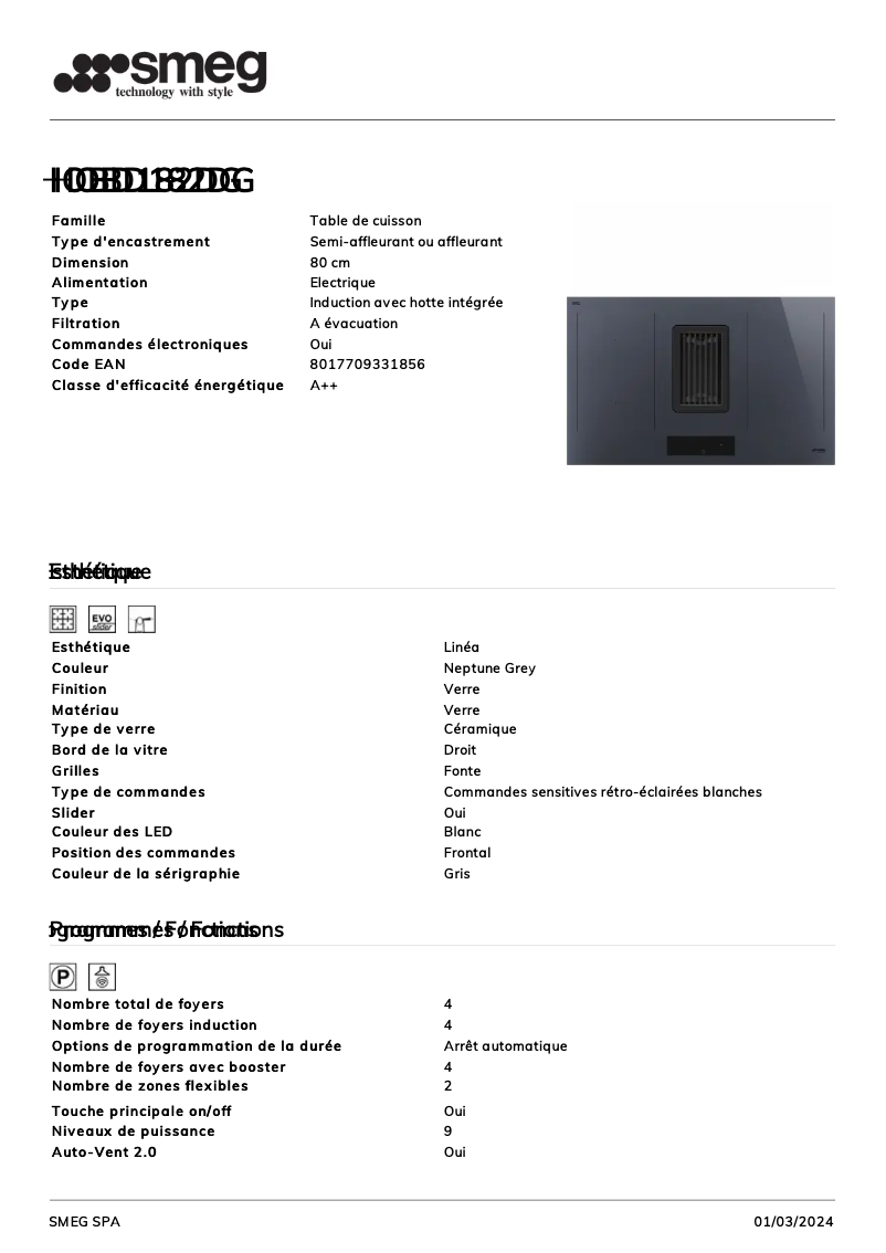 Page n°1 - Fiche technique Smeg HOBD182DG
