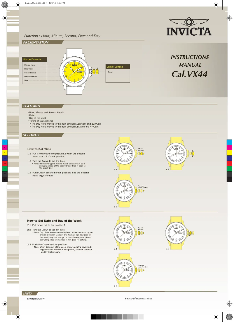Page 1 de la notice Manuel utilisateur Invicta Specialty 31919