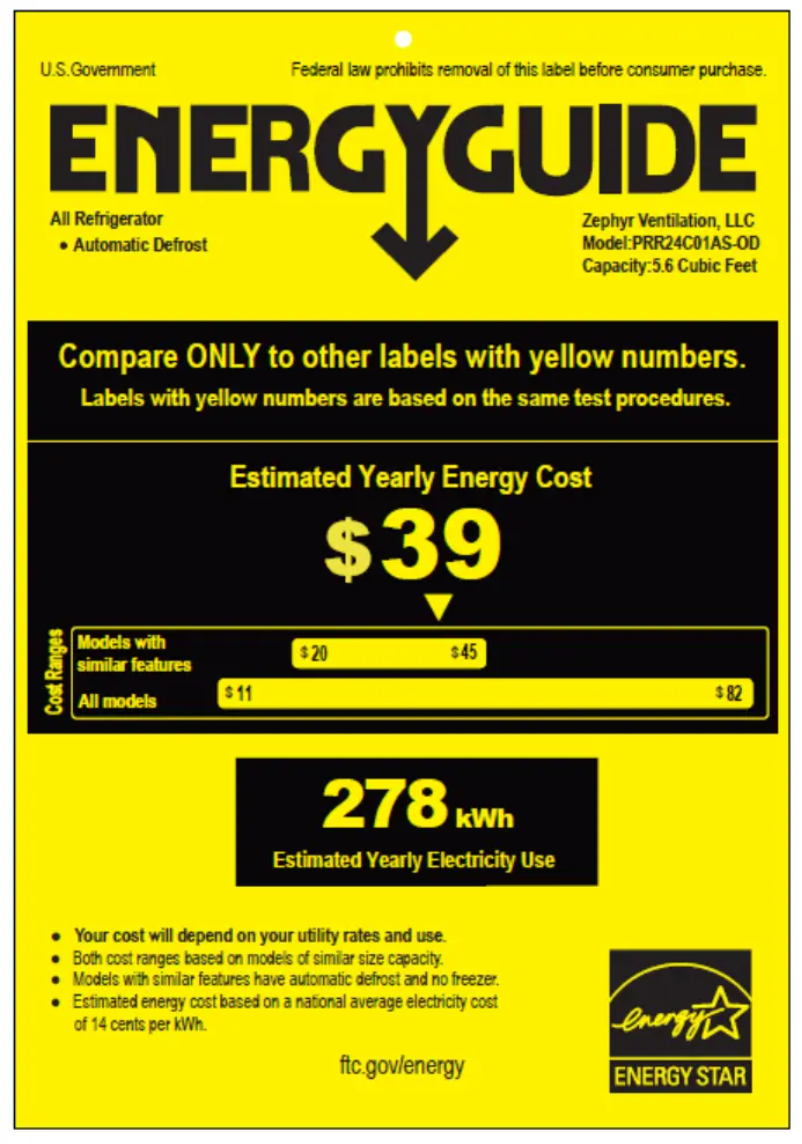 Page 1 de la notice Label énergétique Zephyr Presrv PRR24C01AS-OD