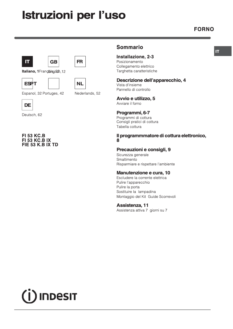 Page 1 de la notice Manuel utilisateur Indesit FI 53 KC.B IX