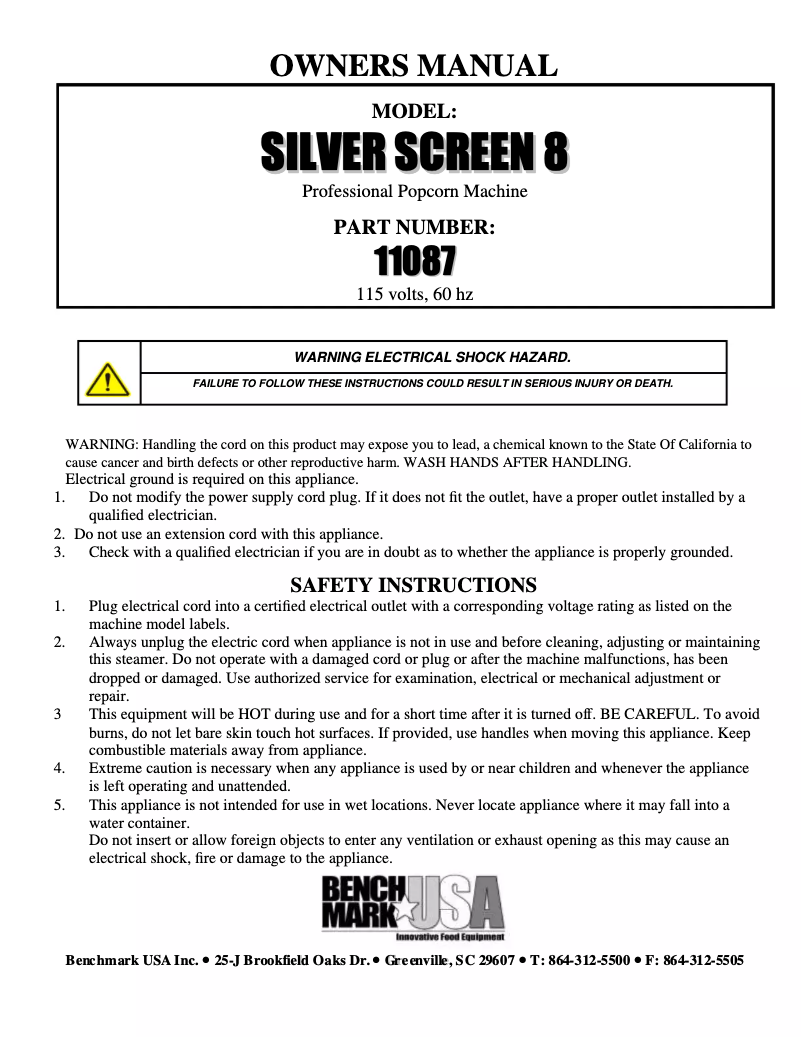 Page 1 de la notice Manuel utilisateur Benchmark USA Silver Screen 8