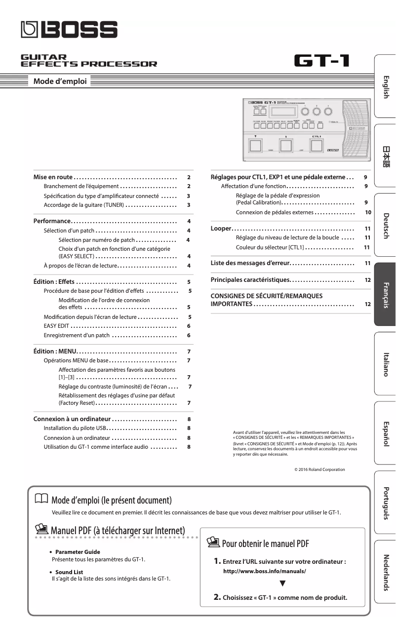 Image de la première page du manuel de l'appareil GT-1