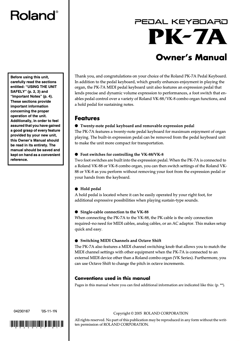 Page 1 de la notice Manuel utilisateur Roland PK-7