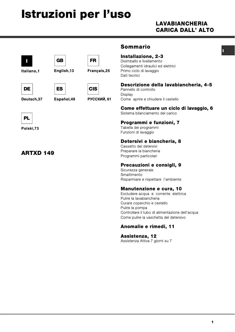 Page 1 de la notice Manuel utilisateur Hotpoint Ariston ARTXD 149 EU