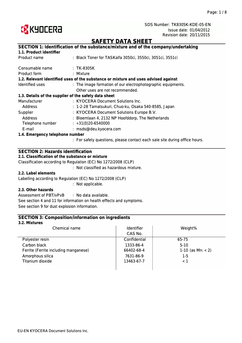 Page 1 de la notice Instructions de sécurité Kyocera TASKalfa 3551ci