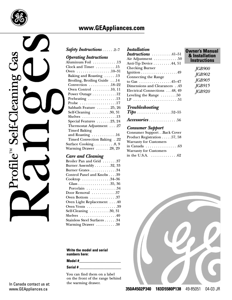 Page n°1 - Manuel d'utilisation et d'entretien GE Profile JGB920KECCC