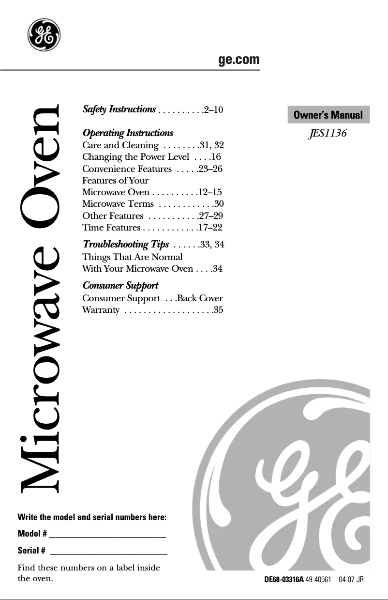 Page n°1 - Manuel utilisateur GE JES1136WL