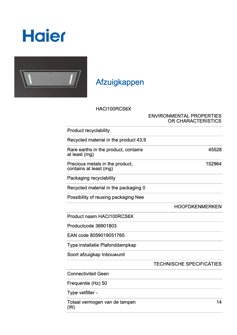 Page n°1 - Fiche technique Haier HACI100RCS6X