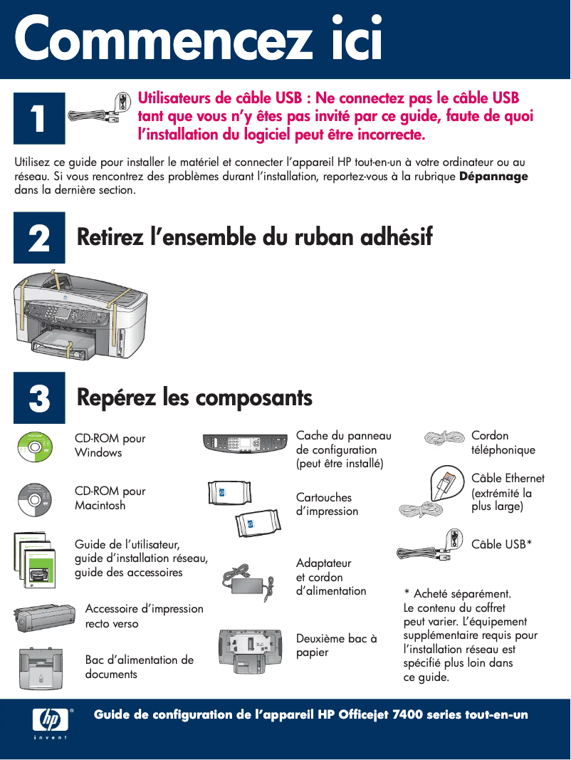 Page 1 de la notice Guide d'installation HP Officejet 7400