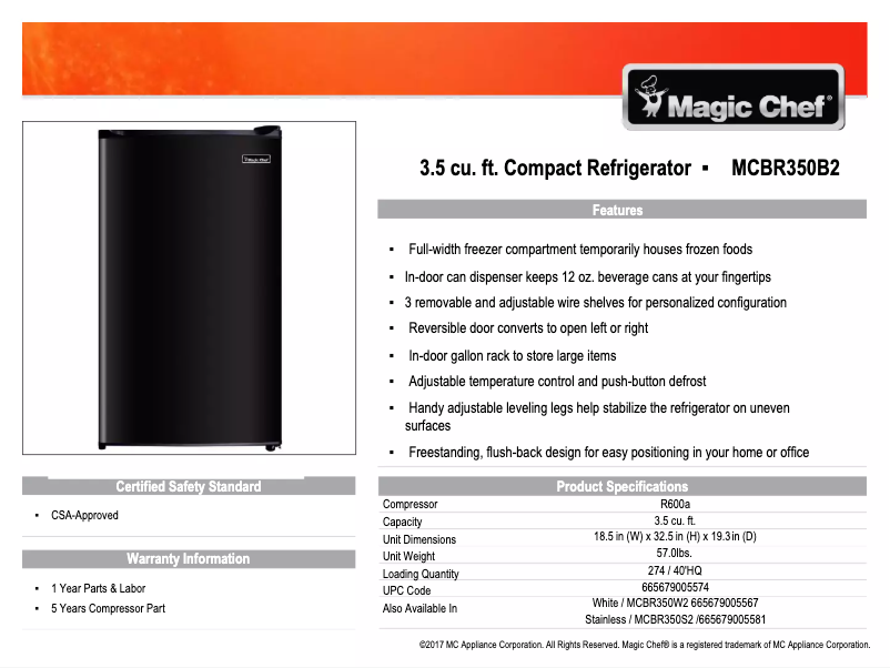 Página 1 del manual Ficha técnica Magic Chef MCBR350