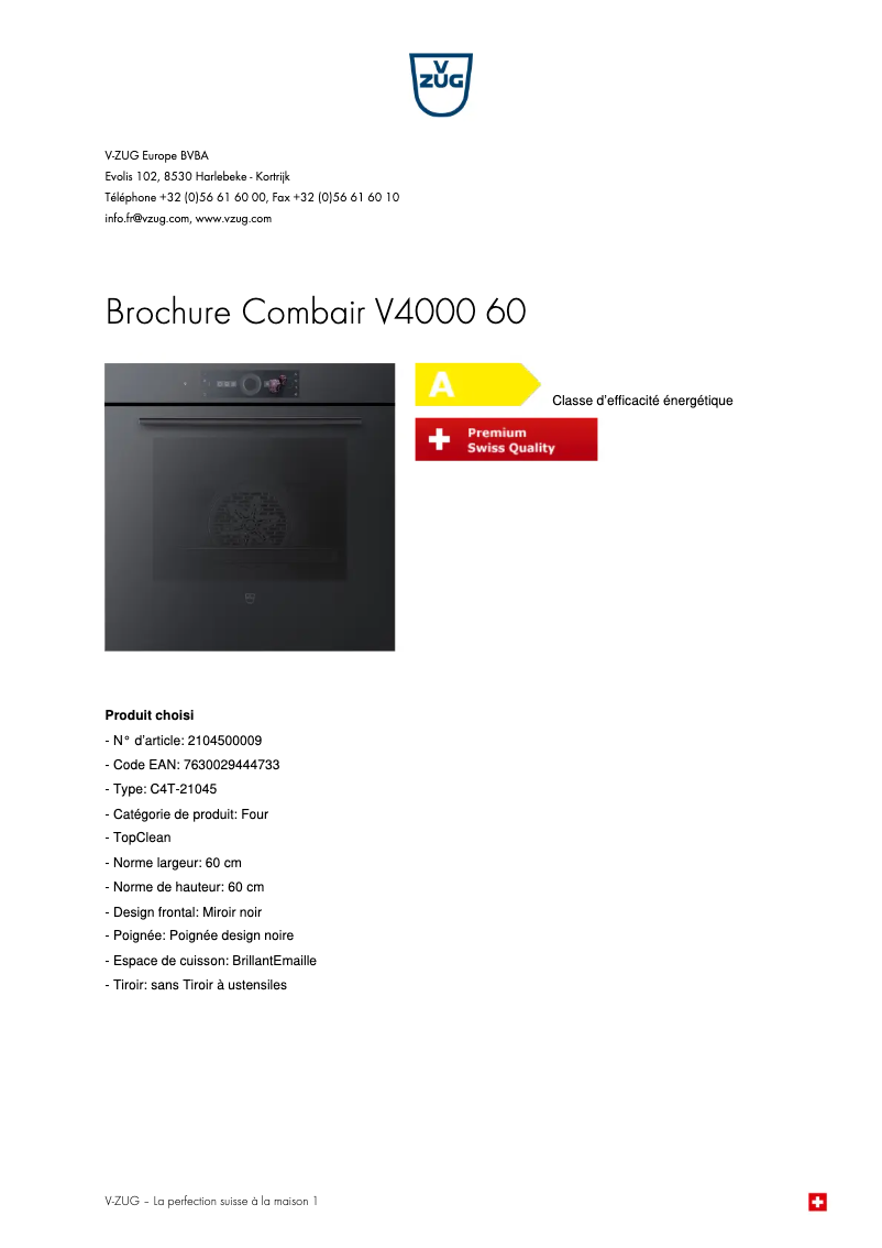 Page 1 de la notice Brochure V-Zug Combair V4000 60