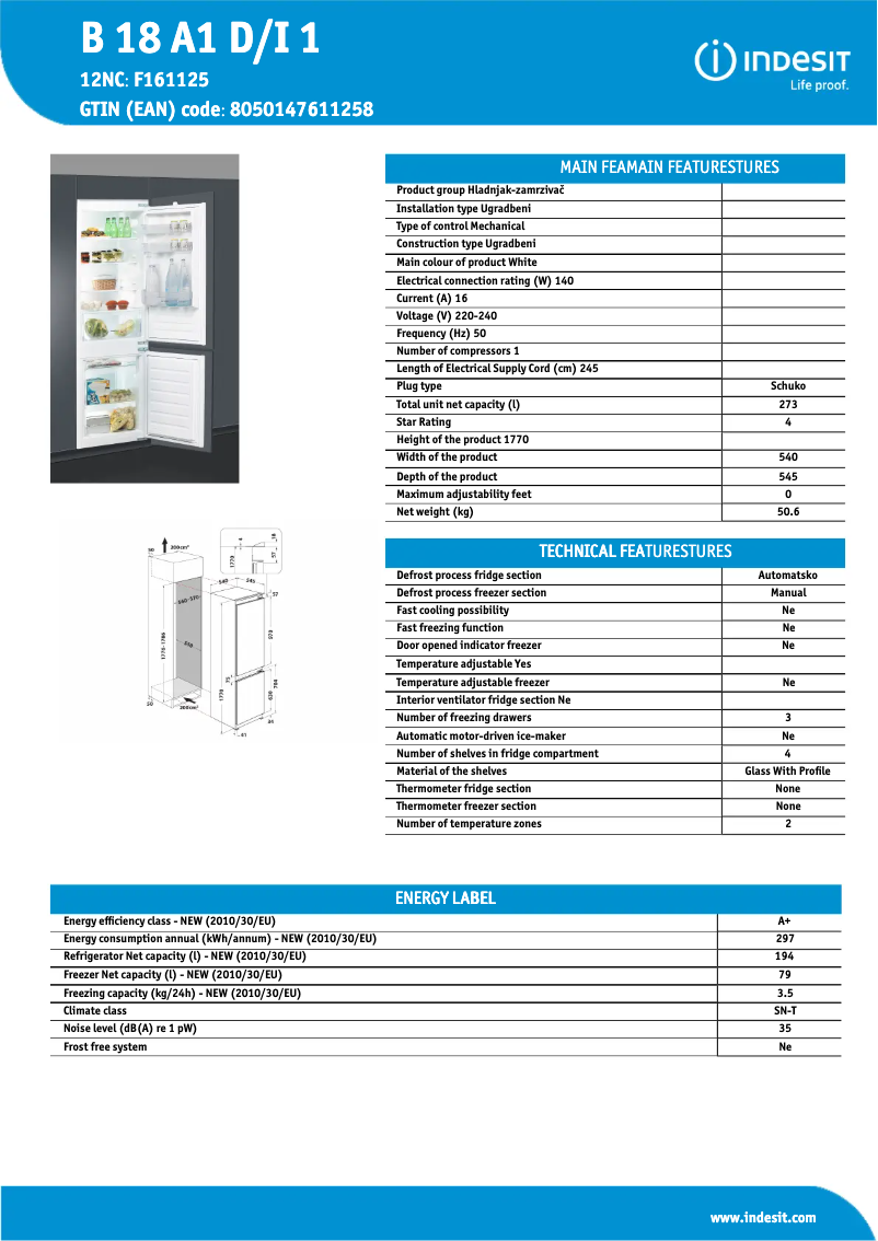 Page 1 de la notice Fiche technique Indesit B 18 A1 D/I 1